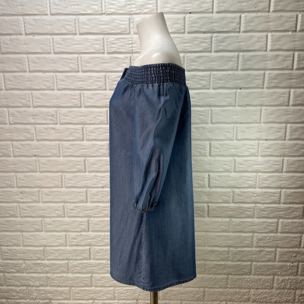 Bebe On Off Shoulder Dress Womens Small Blue Chambray ¾ Sleeve - Picture 5 of 11
